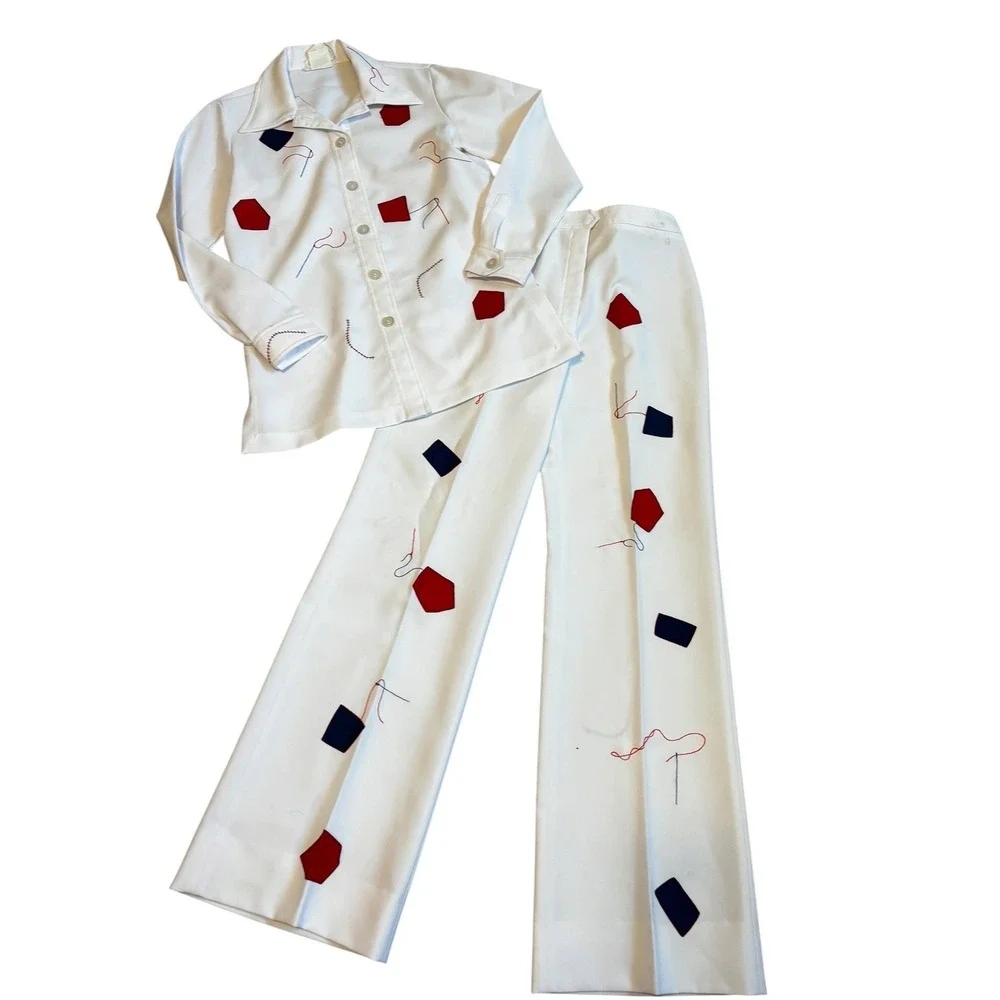 Vintage Sir James 70s White Polyester Kite Embroidery Pant Suit Set Womens 10
